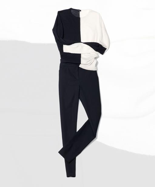 Joseph cashmere color block sweater, $395. Joseph Jo stretch gabardine pant, $345.